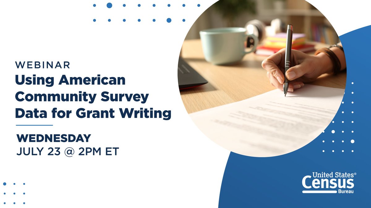 uscensusbureau's tweet image. Join our Wednesday #webinar to learn how #AmericanCommunitySurvey data can help you answer grant application questions and help you advocate for your local community.

Register: census.gov/data/academy/w…

#ACSdata #GrantWriting