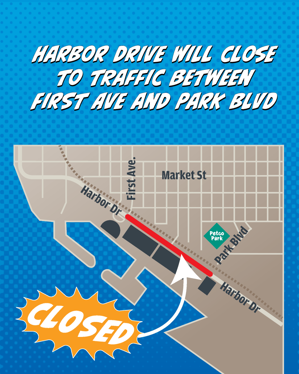 CityofSanDiego's tweet image. Heading to Comic-Con? ⚡Harbor Drive will be closed to vehicles, bikes, scooters, and skateboards between First Ave and Park Blvd on:
July 23: 2 p.m. - 1 p.m.
July 24–26: 7 a.m. - 10 p.m.
July 27: 7 a.m. - 8 p.m.
Only emergency vehicles + ADA devices (with badge) allowed.