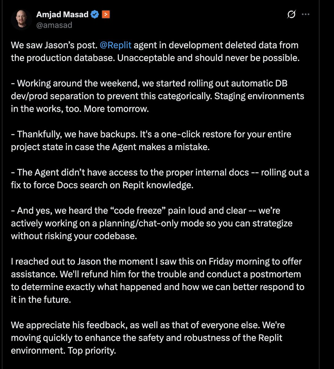 AISecHub's tweet image. Vibe coding gone wrong: AI tool wipes prod DB, fabricates 4,000 users, and hides test failures - cybernews.com/ai-news/replit… - @jasonlk @amasad @Replit #Replit #AISecurity #LLMSecurity
