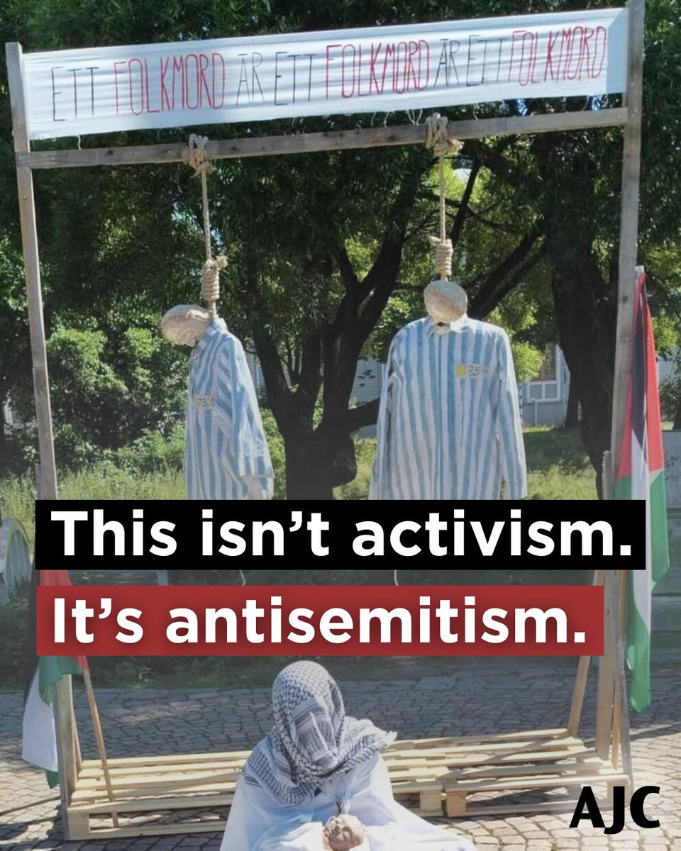 AJCGlobal's tweet image. A sickening anti-Israel protest in Sweden featured hanging skeletons dressed in concentration camp uniforms, marked with Stars of David and prisoner numbers — a blatant act of Holocaust inversion.
Comparing Jews or Israel to the Nazis distorts history, diminishes the tragedy of…