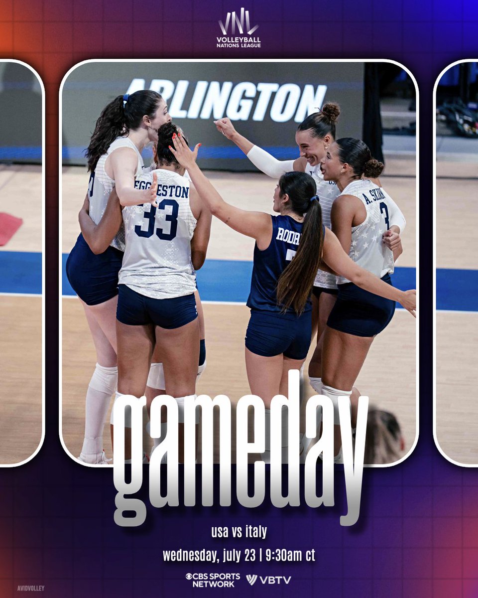 AvidVolley's tweet image. good morning it's quarterfinals day ☀️
🏆 VNL Quarterfinals
🇺🇸🆚🇮🇹
⏰ 9:30am CT/10:30am ET
📺 CBSSN & VBTV
📸 ely.jpgs