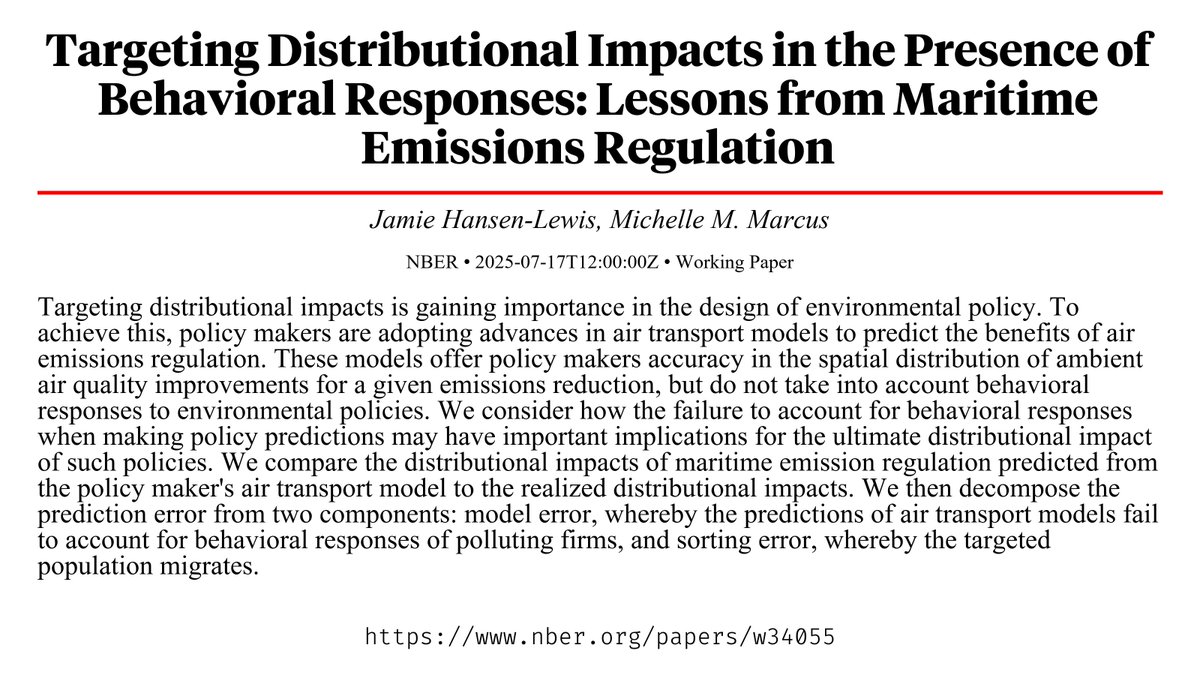 CapybaraPapers's tweet image. Targeting Distributional Impacts in the Presence of Behavioral Responses: Lessons from Maritime Emissions Regulation nber.org/papers/w34055