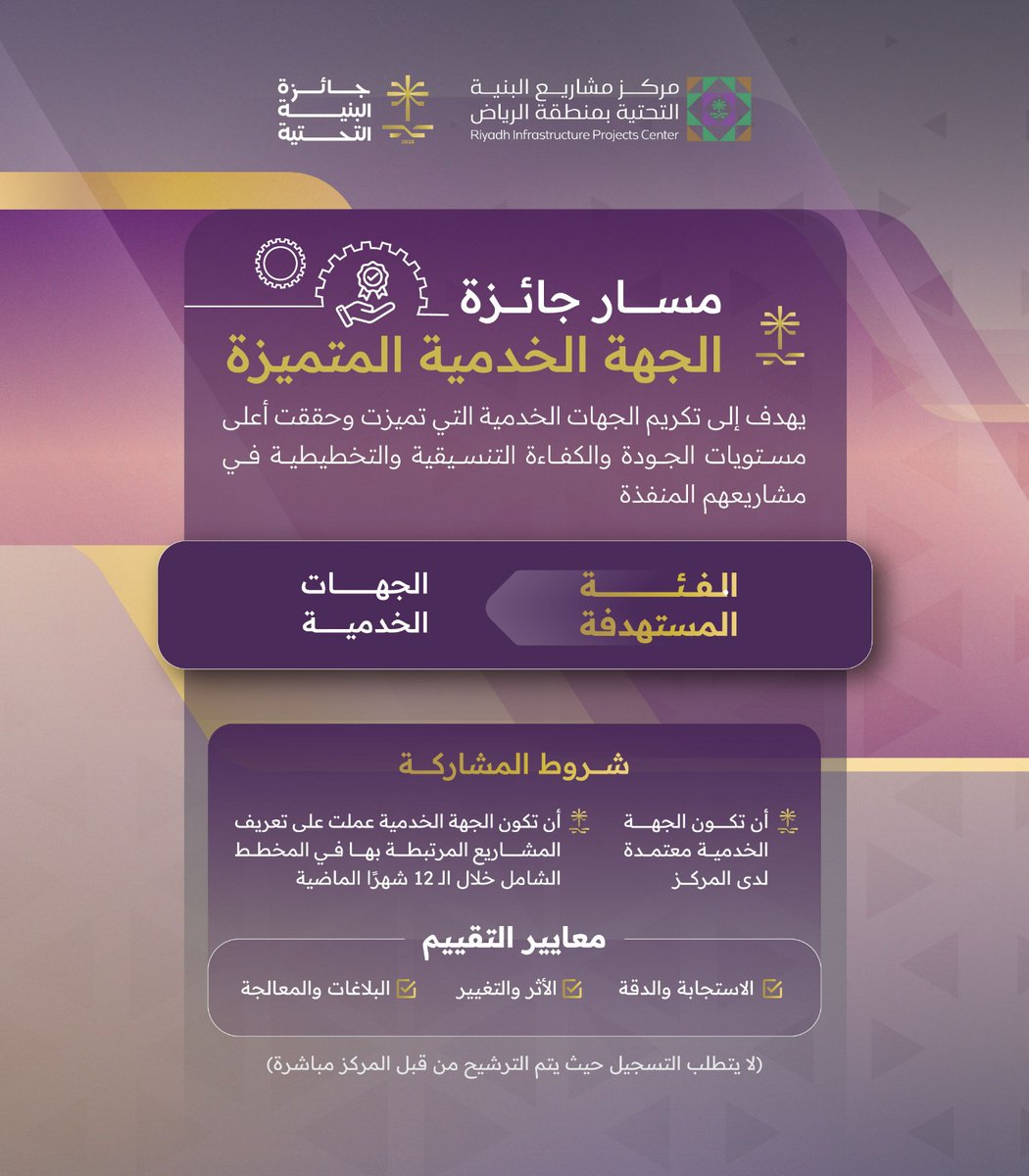 RIPC_KSA's tweet image. نكرم الجهات الخدمية المتميزة، ونحتفي بجهودها المبذولة لتحقيق التميز، في مسار جائزة الجهة الخدمية المتميزة ضمن #جائزة_البنية_التحتية.