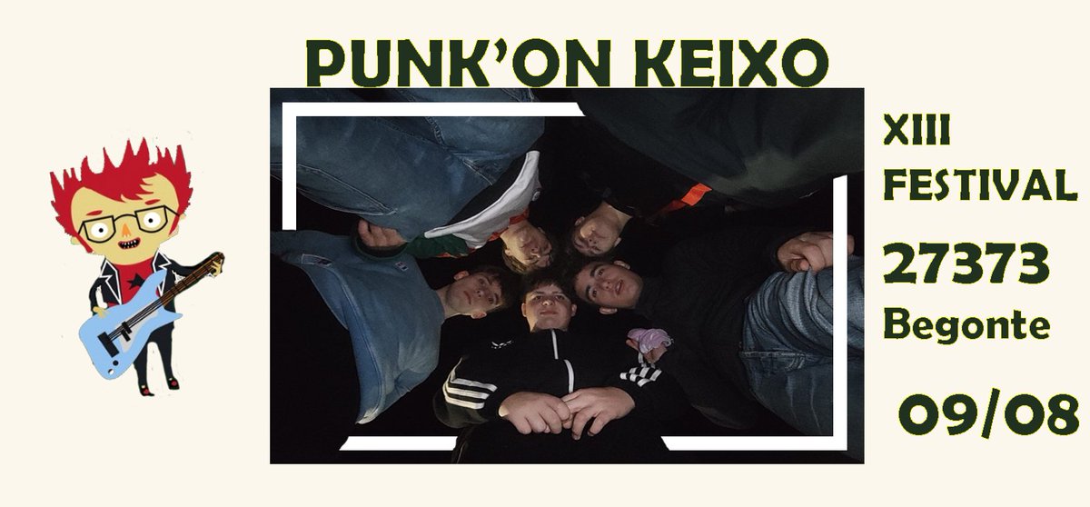 Estamos máis que orgullosas de presentar ao terceiro grupo que vai queimar o torreiro do #festival27373. O maior deles ten 18 anos, o máis novo case estivo na primeira edición e ten 14. Querémoslles case como a fillos. Os Punk'on keixo estarán nesta edición #punkisnotdead