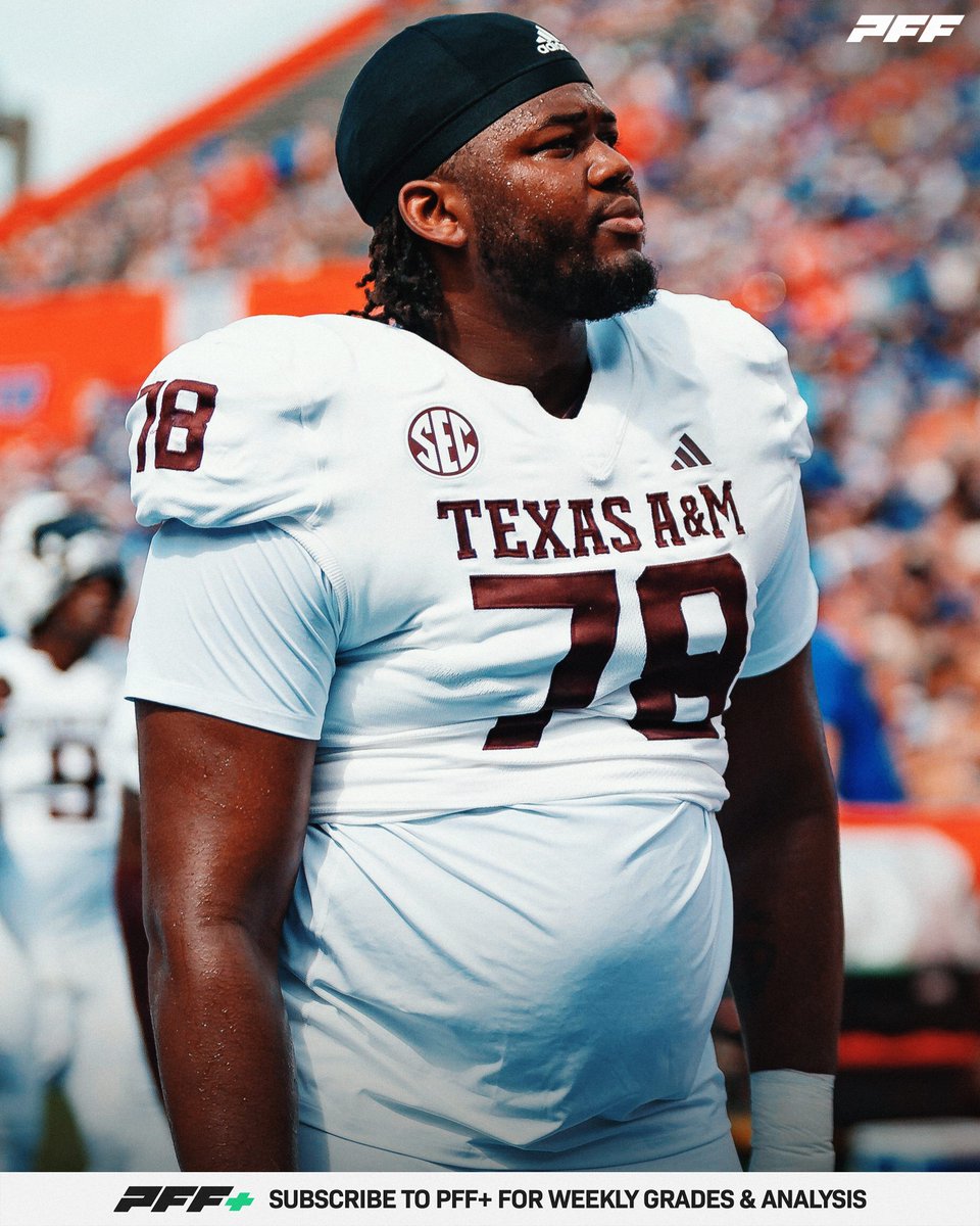 PFF_College's tweet image. Texas A&M OT Dametrious Crownover Last Season:
🔴 345 Pass Block Snaps
🔴 Zero Sacks Allowed
🔴 76.0 Run Block Grade
@AggieFootball