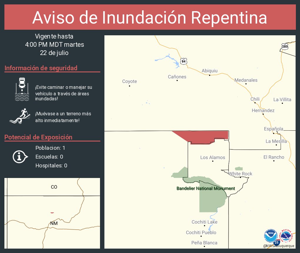NWSAlbuquerque's tweet image. Aviso de Inundación Repentina incluye Sandoval County, NM hasta las 4:00 PM MDT