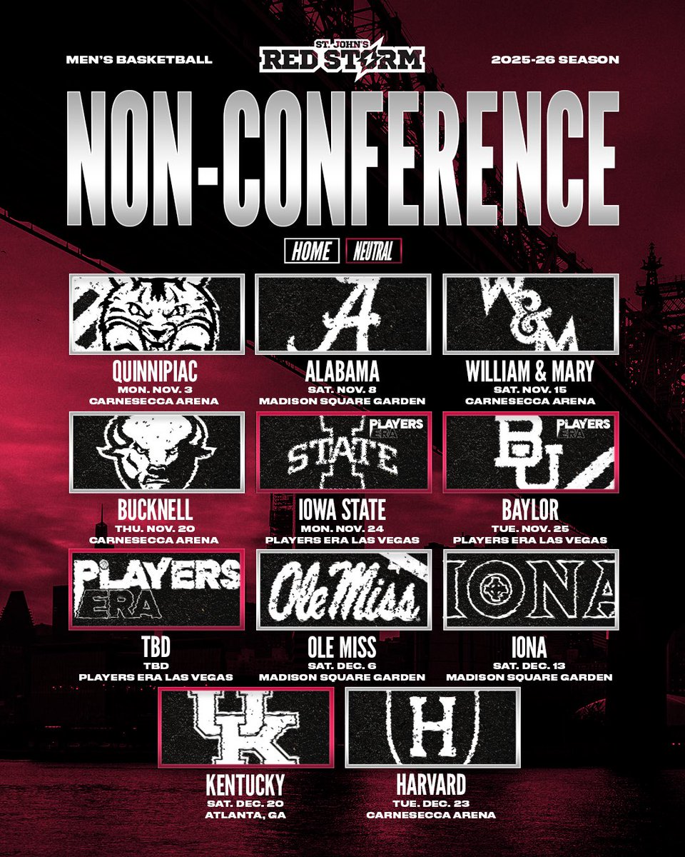 StJohnsBBall's tweet image. The full 2025-26 Non-Conference schedule 🔴⛈️
🗞️: bit.ly/45dUfGK
#RedStorm