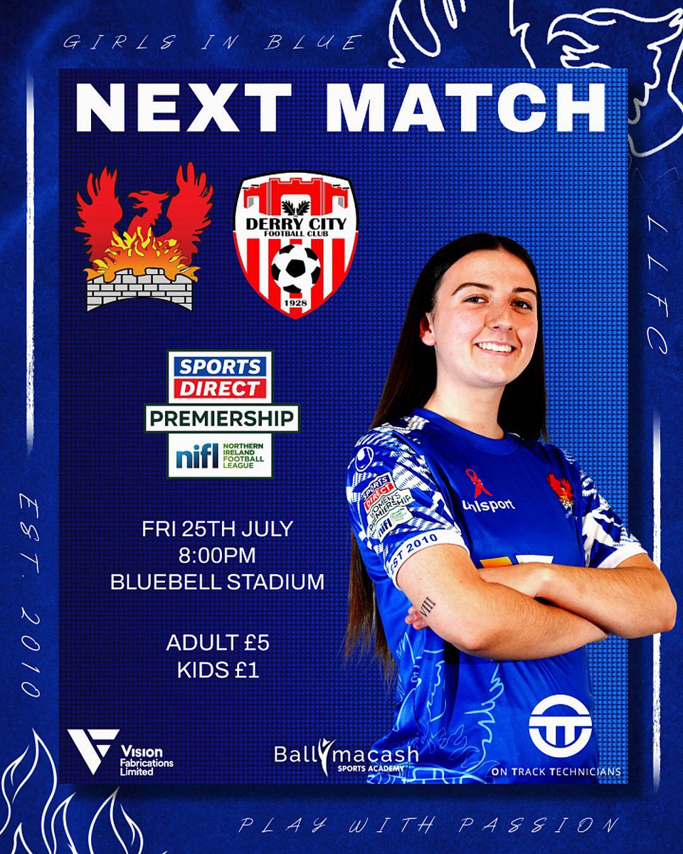 Sports Direct Women’s Premiership 
8.00pm KO 
Admission at Gate (cash only) 
Adults @ £5.00 
Kids @ £1.00 

Matchday Sponsor - On Track Technicians Ltd

All Support Welcome 💙⚽️💙

#girlsonlyfootballclub
#familyclub
#oneclub
#heartofthecommunity

GIRLS IN BLUE - PLAY WITH PASSION