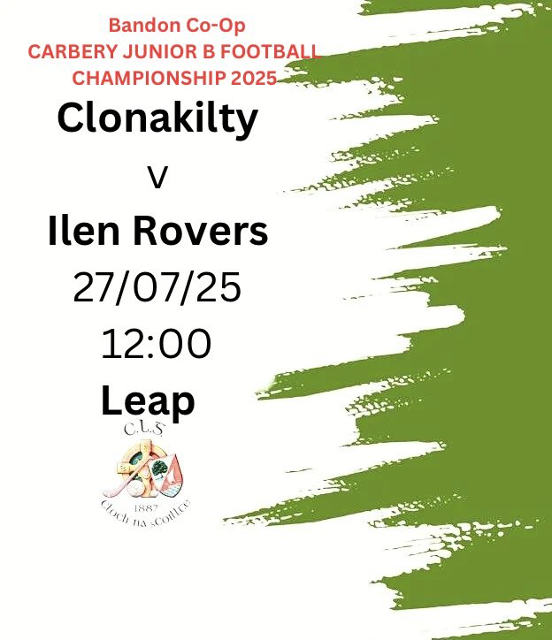 Clonakilty GAA (@clongaa) on Twitter photo The Carbery Junior football Championship begins this weekend as Clonakilty play Ilen Rovers in Leap this Sunday morning .
Best of luck to James ,players and management.
<a href="/carberygaa/">Carbery GAA đź’Ż</a>
<a href="/BandonCoop/">Bandon Co-op</a> The Carbery Junior football Championship begins this weekend as Clonakilty play Ilen Rovers in Leap this Sunday morning .
Best of luck to James ,players and management.
<a href="/carberygaa/">Carbery GAA đź’Ż</a>
<a href="/BandonCoop/">Bandon Co-op</a>
