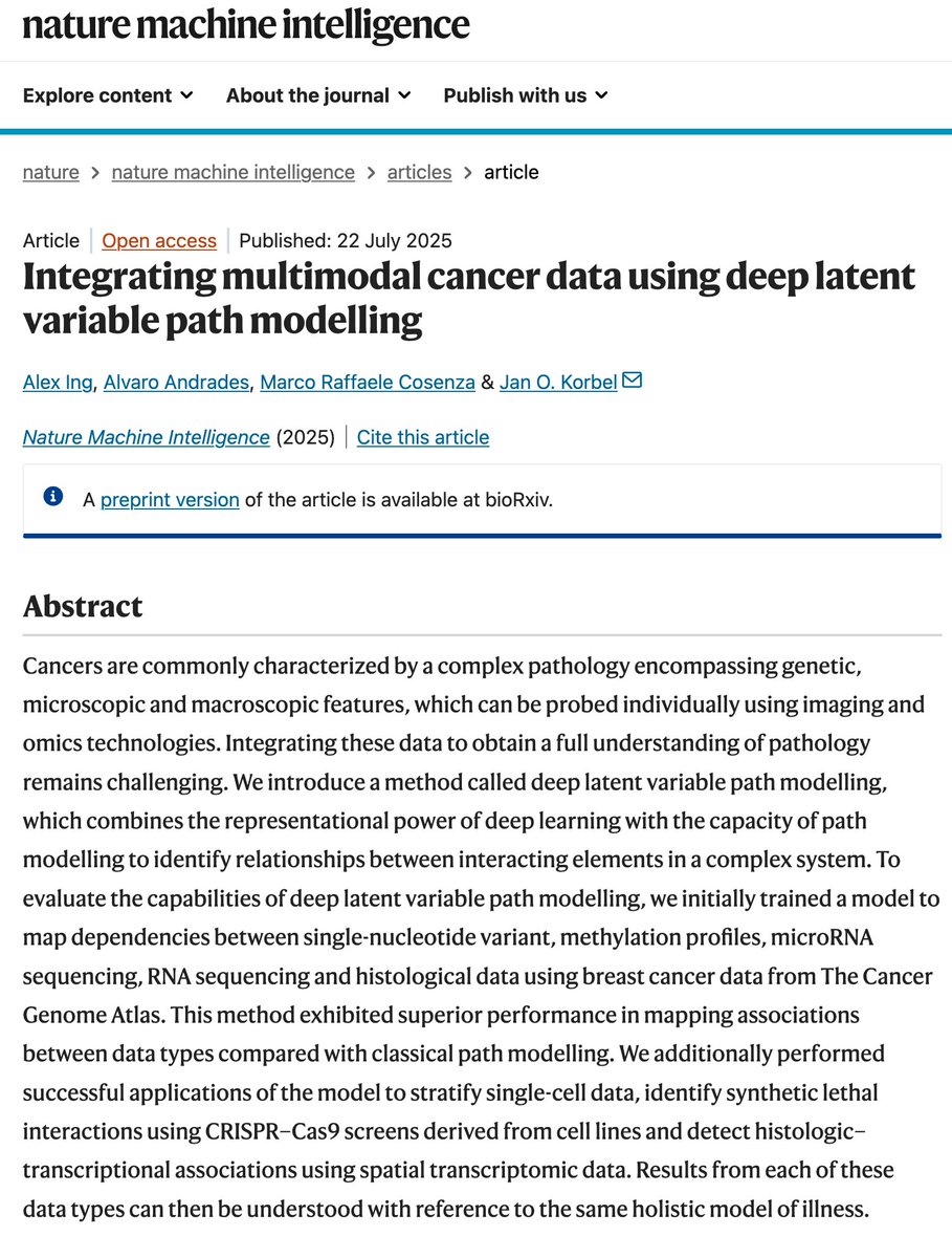aipulserx's tweet image. Can deep learning unravel the complex interplay between genes, tissue images, and cancer outcomes?@NatMachIntell @EMBLHeidelberg
"Integrating multimodal cancer data using deep latent variable path modelling"
1. Cancer arises from highly complex interactions among genetic,…