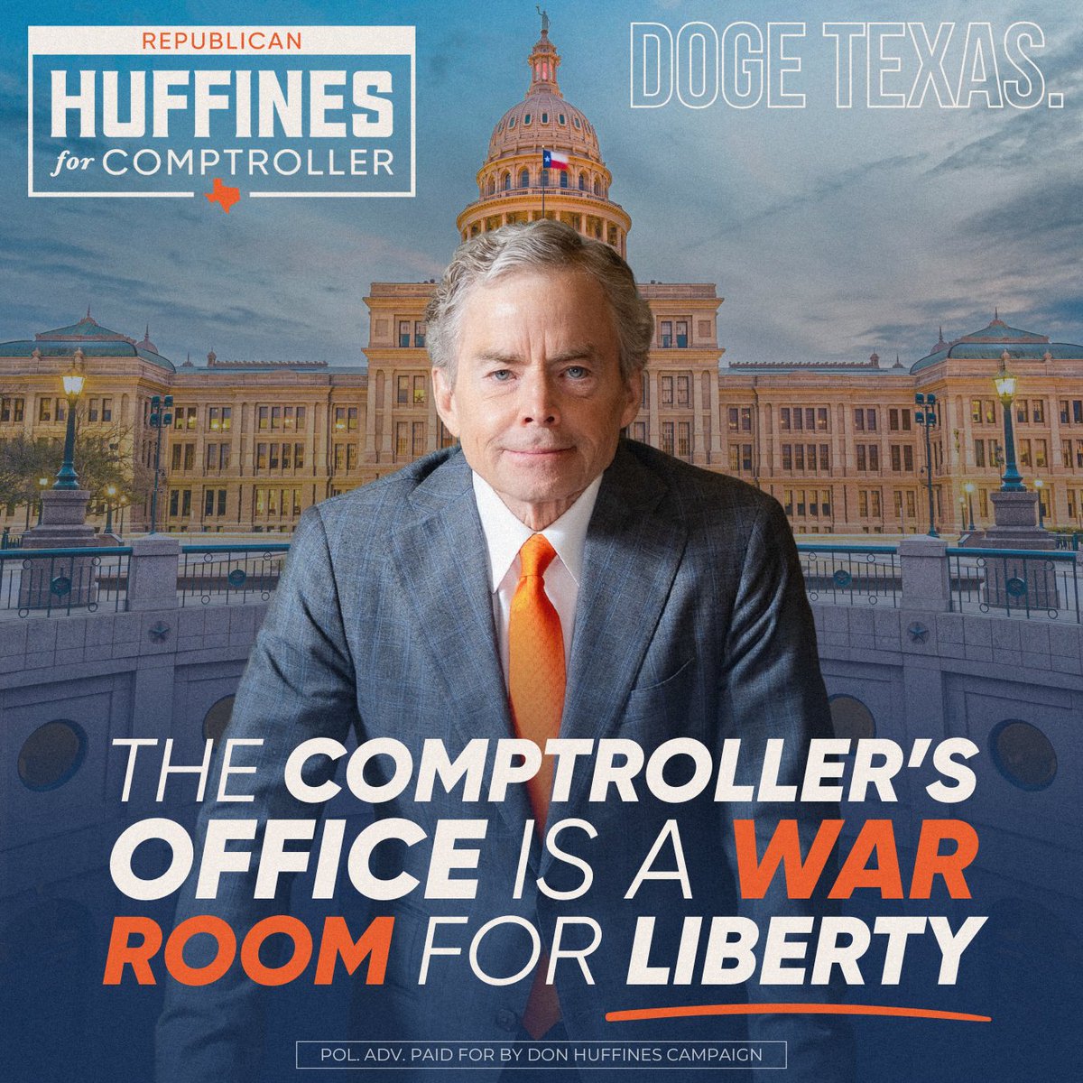 TeamHuffines's tweet image. The Comptroller’s office isn’t for bureaucrats. It’s for taxpayers. Don Huffines will expose waste, end corruption, and put Texas taxpayers back in charge.