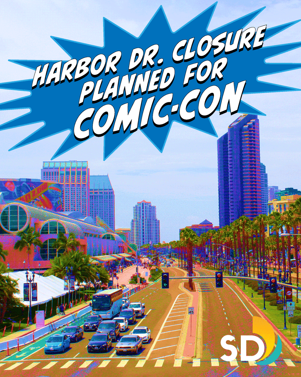 CityofSanDiego's tweet image. Heading to Comic-Con? ⚡Harbor Drive will be closed to vehicles, bikes, scooters, and skateboards between First Ave and Park Blvd on:
July 23: 2 p.m. - 1 p.m.
July 24–26: 7 a.m. - 10 p.m.
July 27: 7 a.m. - 8 p.m.
Only emergency vehicles + ADA devices (with badge) allowed.