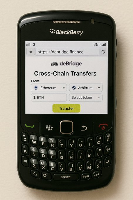 deBridge 크로스체인 전송 인터페이스가 표시된 BlackBerry 폰