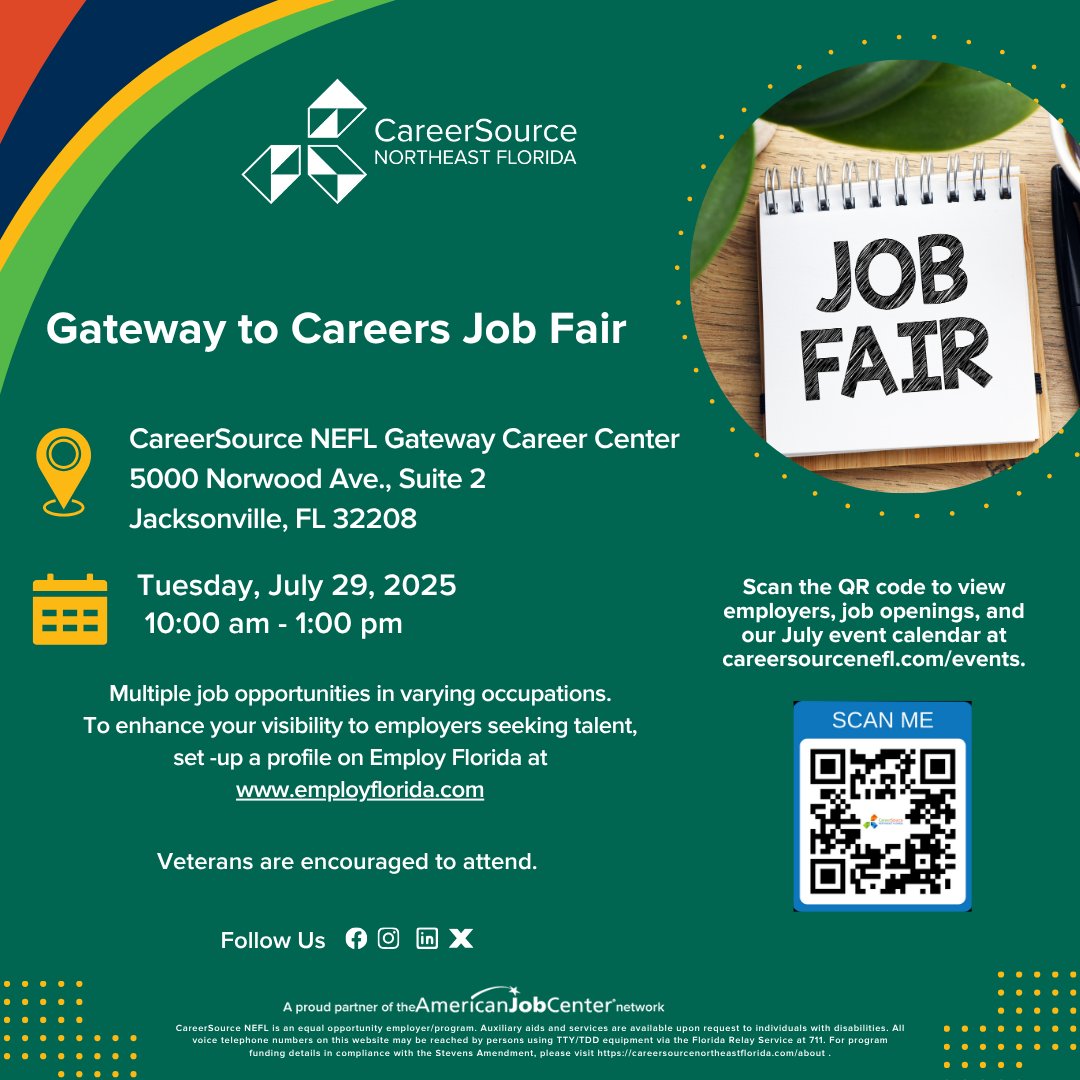 CareerSourceNEF's tweet image. CSNEFL is hosting a Gateway to Careers Job Fair
Date: July 29, 2025
Time: 10:00 am - 1:00 pm  
View list of employers &amp;amp; available positions at qr.fm/v3LqJ4
#jobseekers #jaxjobs #cityofjax #jacksonvillefloridas #careersourcenefl