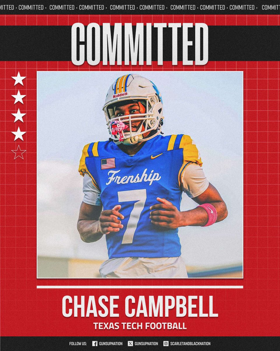 THE NAŦION (@gunsupnation) on Twitter photo 🏈 𝗖𝗢𝗠𝗠𝗜𝗧𝗧𝗘𝗗: Texas Tech Football has landed the commitment from 4⭐ - class of 2026 WR Chase Campbell out of Frenship High School! Chase chose the Red Raiders over Baylor & Kansas State!
Welcome to Texas Tech, <a href="/26ChaseC/">Chase Campbell</a>! 🏈 𝗖𝗢𝗠𝗠𝗜𝗧𝗧𝗘𝗗: Texas Tech Football has landed the commitment from 4⭐ - class of 2026 WR Chase Campbell out of Frenship High School! Chase chose the Red Raiders over Baylor & Kansas State!
Welcome to Texas Tech, <a href="/26ChaseC/">Chase Campbell</a>!