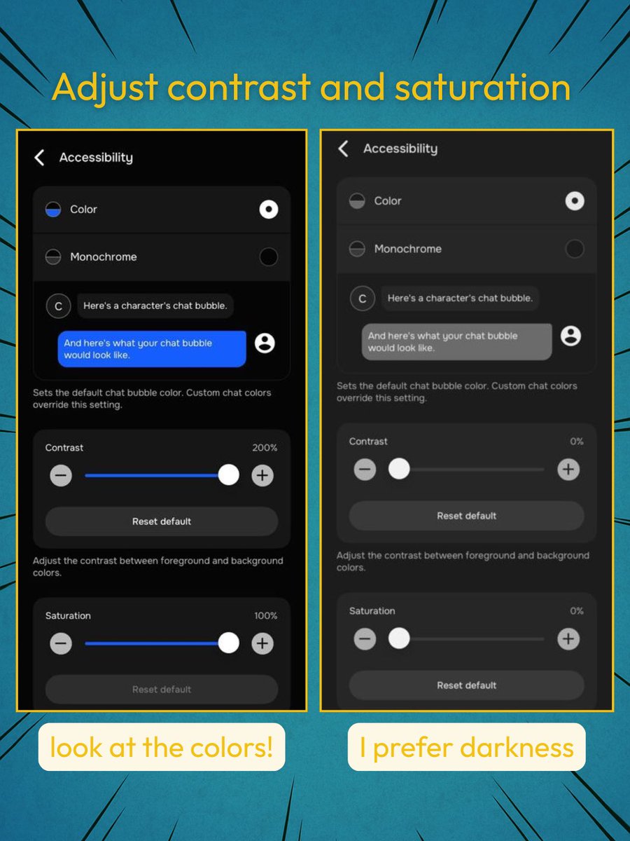 character_ai's tweet image. Let the darkness consume you.. if you want 😌
Thank you to everyone who has shared their feedback with us. These changes will be rolling out to all users for free over the coming weeks.
The changes we made include:
⭐️ Accessibility Options - you can now adjust contrast and…