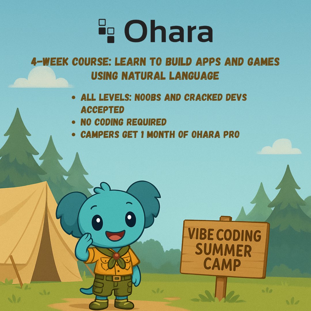 tryoharaAI's tweet image. It's officially Onchain Summer and we're bringing you our first ever Vibe-coding Summer Camp! ⛺️
Join us for a 4-week creative sprint for anyone, from beginners to vets. Build onchain apps and learn everything from the basics of AI prompting to pitching a finalized product.…