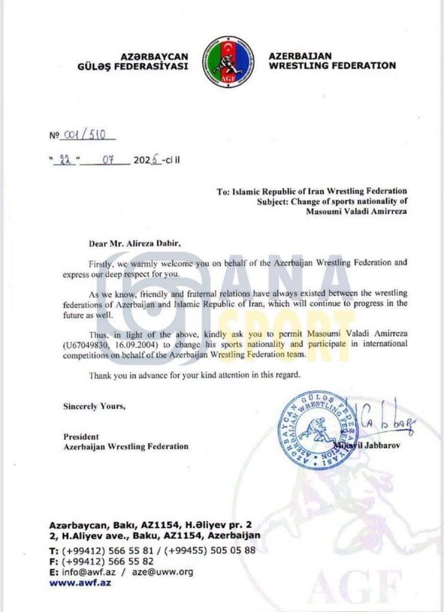 WrestlingSNL's tweet image. Azerbaijan has formally requested Iran’s approval to transfer 6x age-level world champ Amirreza Masoumi.
Masoumi owns World titles at Cadet, Junior (3x), and U23 (2x), and is currently the No. 2 heavyweight in the world behind fellow Iranian Amir Zare.
First reported by:…