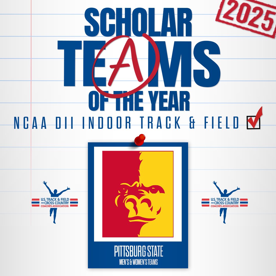 USTFCCCA (@ustfccca) on Twitter photo Here are the Scholar Teams of the Year for the 2025 <a href="/NCAADII/">NCAA Division II</a> Indoor Track & Field season!
M - <a href="/GorillasTrack/">Pitt State Track & Field</a>
W - <a href="/GorillasTrack/">Pitt State Track & Field</a>
It's a sweep for Pittsburg State!
ustfccca.org/2025/07/featur… Here are the Scholar Teams of the Year for the 2025 <a href="/NCAADII/">NCAA Division II</a> Indoor Track & Field season!
M - <a href="/GorillasTrack/">Pitt State Track & Field</a>
W - <a href="/GorillasTrack/">Pitt State Track & Field</a>
It's a sweep for Pittsburg State!
ustfccca.org/2025/07/featur…