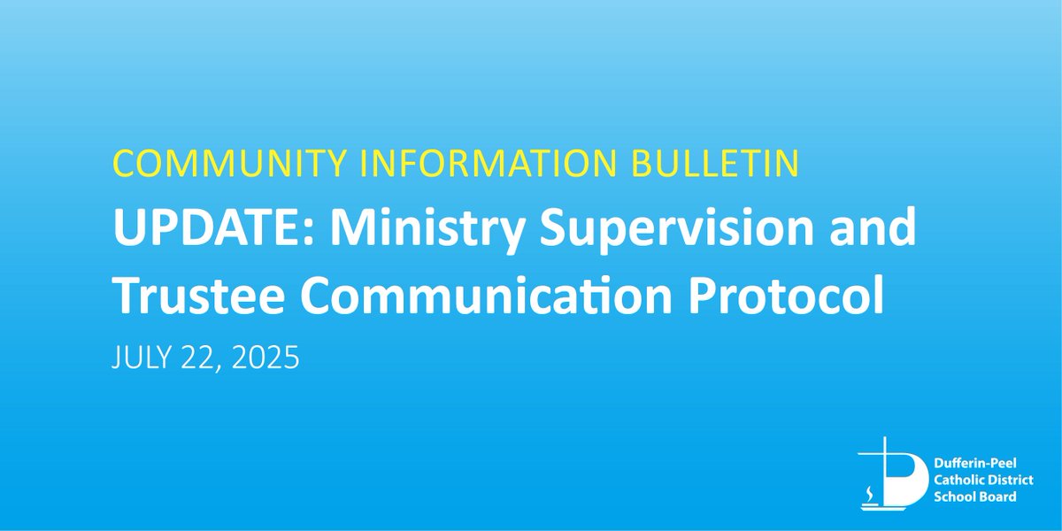 UPDATE: Ministry Supervision and Trustee Communication Protocol 

Read our latest Community Bulletin for additional information to ensure that your questions, concerns, and requests continue to be processed in an efficient and timely manner: dpcdsb.info/MinistrySuperv…