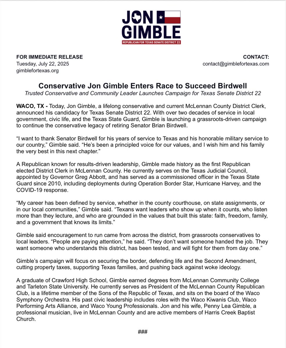 JonGimbleTX's tweet image. I’m officially launching my campaign for Texas Senate District 22.
I’m running to serve because I believe in the conservative values that built this state: faith, freedom, family, and a government that knows its limits.
Now more than ever, we need tested, trusted leaders who…