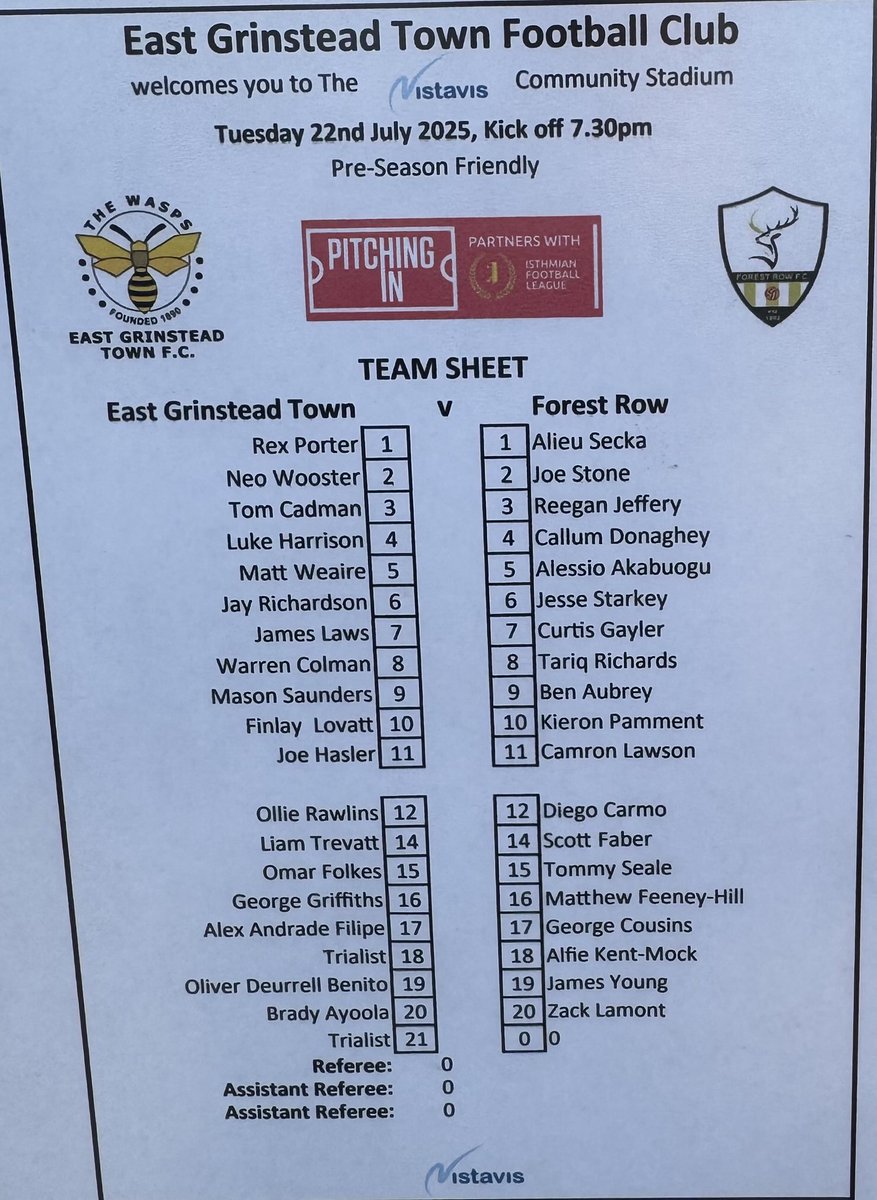 Teams for tonight’s pre-season friendly against ⁦<a href="/FrowFC/">Forest Row FC (P)</a>⁩