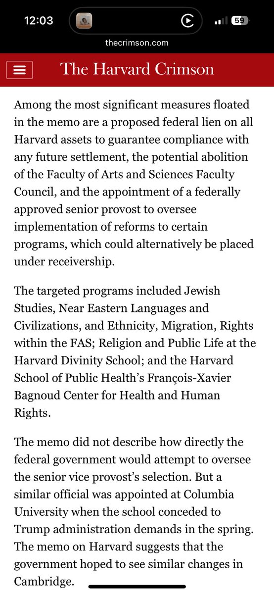 PenguinSix's tweet image. Harvard student newspaper @thecrimson uncovers undisclosed Trump administration memo calling for huge changes including a lien on all Harvard assets, a federal-approved provost to oversee departments, and a ban on student government. thecrimson.com/article/2025/7…