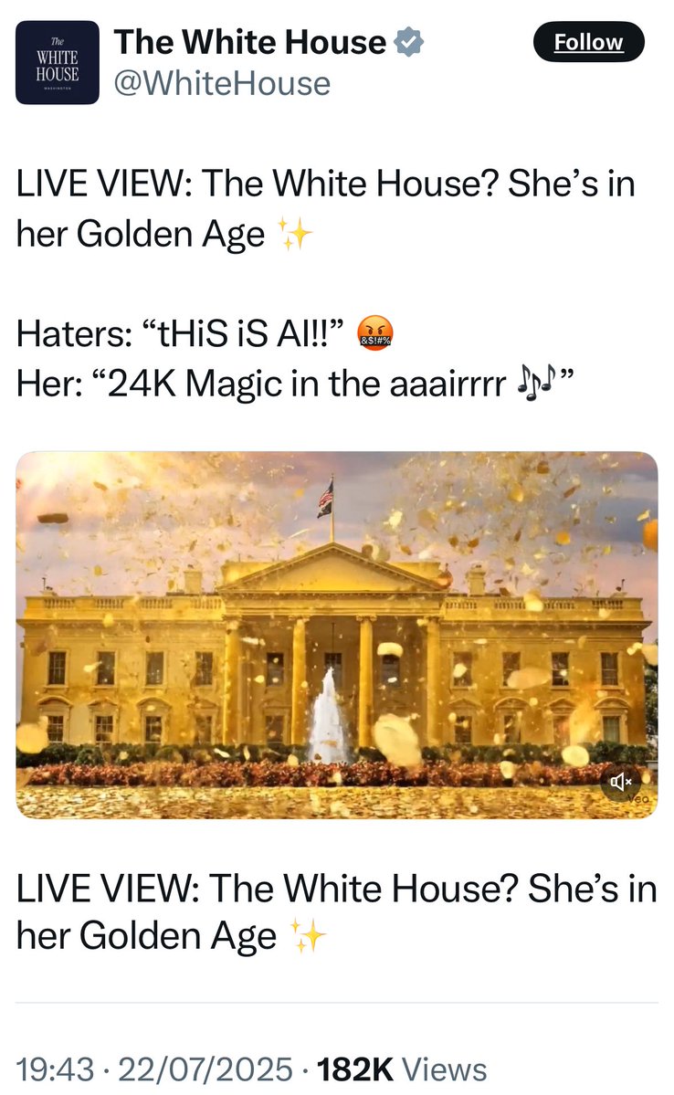 mmeeuw's tweet image. Dit is geen parodie, dit is een tweet van het Witte Huis in de VS. Je vraagt je af in welk tempo de erosie van de democratie doordendert.