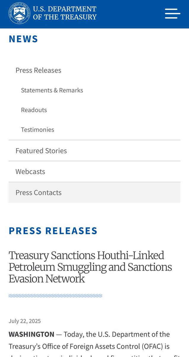 ERYANIM's tweet image. ● We welcome the U.S. Treasury Department's announcement of new sanctions on the oil smuggling and money laundering network linked to the Iran-backed Houthi terrorist militia, which included two individuals and five entities considered among the major importers of petroleum…