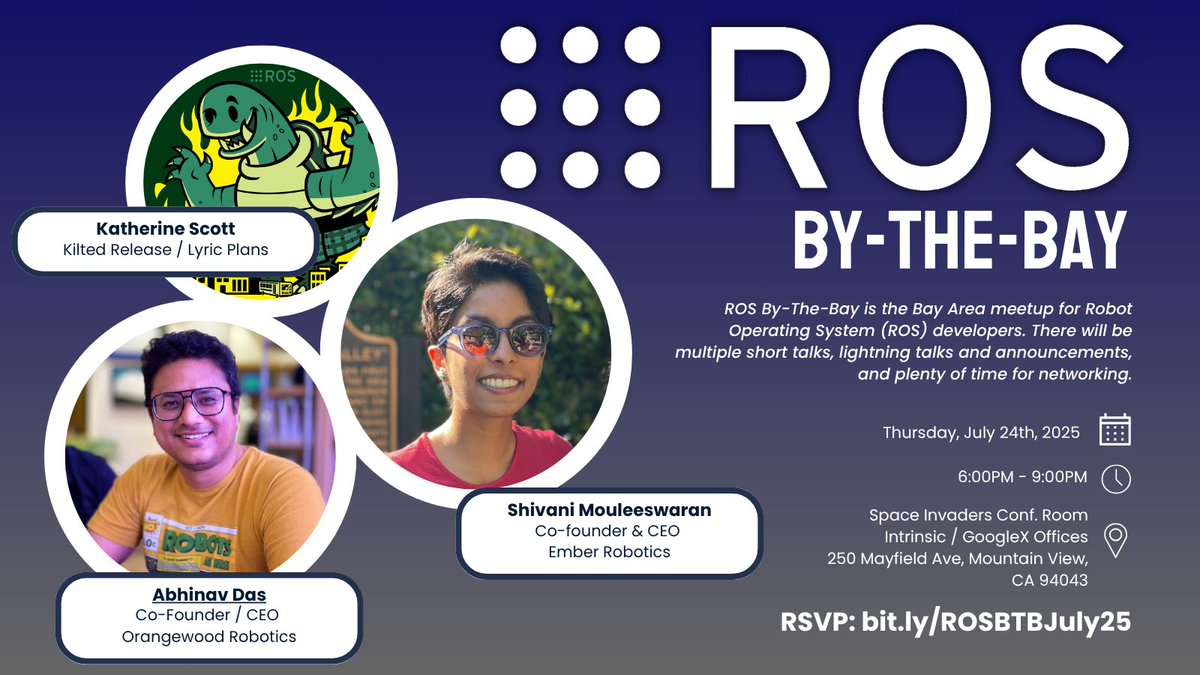 OpenRoboticsOrg's tweet image. The next two weeks are jam packed with ROS events!
Here are all the #ROS meetups and workshops happening in the next two weeks:
🤖 2025-07-24 ROS By-The-Bay July 2025 with @OrangewoodLabs and Ember Robotics
🔗 meetup.com/ros-by-the-bay…