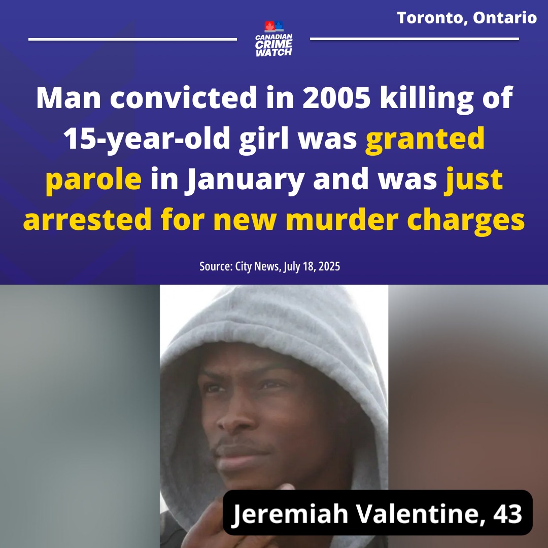 CrimeWatchCAN's tweet image. TORONTO, ONTARIO - The man convicted in the 2005 Toronto Boxing Day murder of a 15-year-old girl was granted full parole in January after being assessed as having a 76 per cent chance of recidivism.
Seven months after getting parole, 43-year-old Jeremiah Valentine faces one…