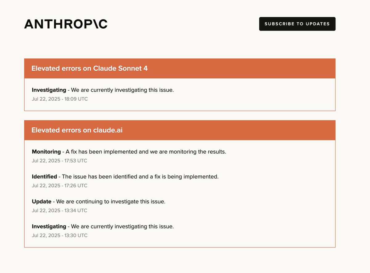 PovilasKorop's tweet image. Aaaand here we go again.
Claude Sonnet 4 is having outage issues 2 days in a row.
status.anthropic.com
My prediction is that they will (should?) remove Sonnet from Claude Pro $20/mo plan, as it seems they can't keep up with the demand.