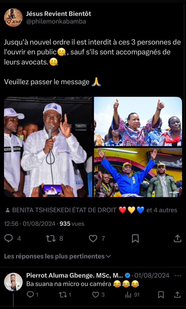 Jésus Revient Bientôt (@philemonkabamba) on Twitter photo Seule Maman <a href="/KabilaOlive/">Marie-Olive Lembe Kabila</a> essaie de bien suivre mon conseil 👌.
Il est grand temps pour que Mr <a href="/AugustinKabuyaT/">Augustin KABUYA</a> nous rende son micro 🙏
𝙍𝙀𝙉𝘿𝙀𝙕 𝙇𝙀 𝙈𝙄𝘾𝙍𝙊 𝙈𝘼𝙄𝙏𝙍𝙀🎤🙏 Seule Maman <a href="/KabilaOlive/">Marie-Olive Lembe Kabila</a> essaie de bien suivre mon conseil 👌.
Il est grand temps pour que Mr <a href="/AugustinKabuyaT/">Augustin KABUYA</a> nous rende son micro 🙏
𝙍𝙀𝙉𝘿𝙀𝙕 𝙇𝙀 𝙈𝙄𝘾𝙍𝙊 𝙈𝘼𝙄𝙏𝙍𝙀🎤🙏