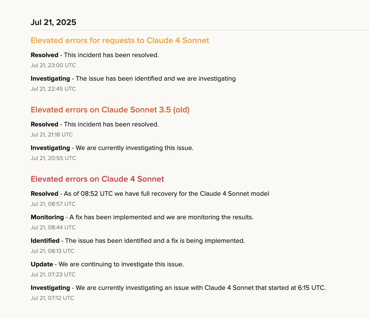 PovilasKorop's tweet image. Aaaand here we go again.
Claude Sonnet 4 is having outage issues 2 days in a row.
status.anthropic.com
My prediction is that they will (should?) remove Sonnet from Claude Pro $20/mo plan, as it seems they can't keep up with the demand.