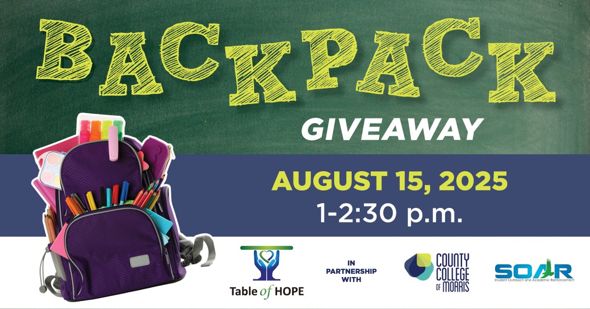 County College of Morris (@ccm_edu) on Twitter photo 🎒 The annual Backpack Giveaway in partnership with <a href="/TableofHopeNJ/">Table of Hope NJ</a> is coming up on Friday, August 15, from 1 – 2:30 p.m. in Parking Lot 1 on campus. We're helping #MorrisCounty families in need gear up for the upcoming school year with FREE backpacks and school supplies! 🙌 🎒 The annual Backpack Giveaway in partnership with <a href="/TableofHopeNJ/">Table of Hope NJ</a> is coming up on Friday, August 15, from 1 – 2:30 p.m. in Parking Lot 1 on campus. We're helping #MorrisCounty families in need gear up for the upcoming school year with FREE backpacks and school supplies! 🙌