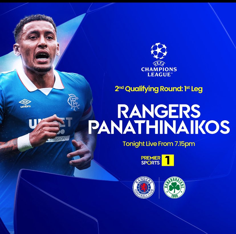 Rangers in <a href="/ChampionsLeague/">UEFA Champions League</a> qualifying tonight…
Rangers 🏴󠁧󠁢󠁳󠁣󠁴󠁿 v
Panathinaikos 🇬🇷 7.45pm