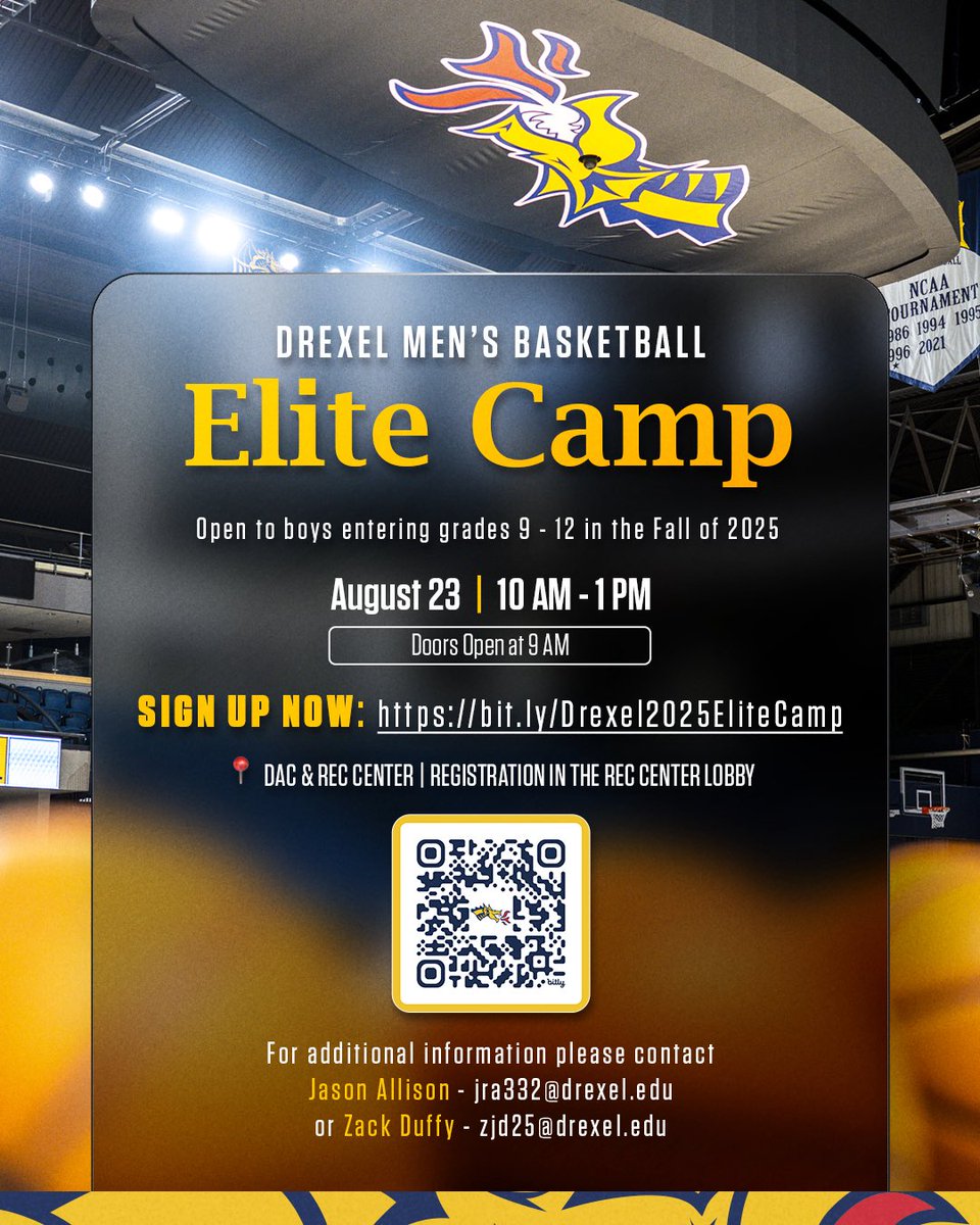 DrexelMBB's tweet image. Sign up for now for the Drexel Men's Basketball Elite Camp.
Open to any and all boys entering grade 9 through grade 12.
🗓️ l Saturday, 8/23
📍 l Daskalakis Athletic Center
🔗 I secure.touchnet.com/C20688_ustores…
#FearTheDragon 🐉