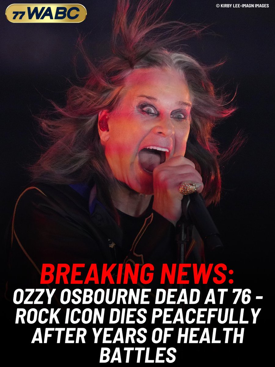 77WABCradio's tweet image. BREAKING: Ozzy Osbourne Dead at 76 - Rock Icon Dies Peacefully After Years of Health Battles
Follow 77 WABC for more news stories. Listen to 77 WABC on wabcradio.com or on the 77 WABC app!