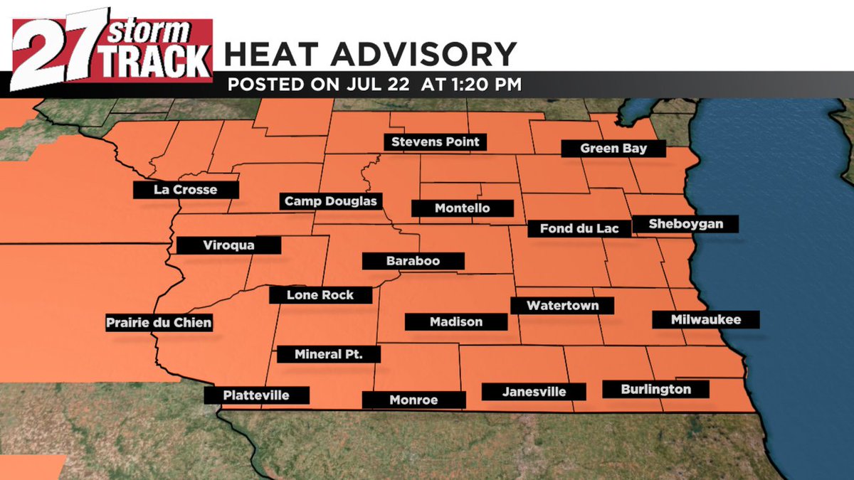 27StormTrack's tweet image. A Heat Advisory has been issued for the highlighted counties until Jul 23 8:00PM. Watch WKOW for the latest information.