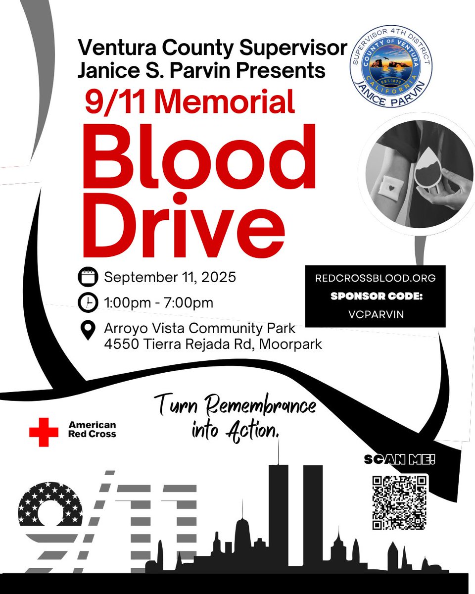vcjaniceparvin's tweet image. The 9/11 Memorial Blood Drive is a powerful way to honor the lives lost and turn remembrance into action.
📅 September 11, 2025
🕐 1:00 PM – 7:00 PM
📍 Arroyo Vista Community Park, 4550 Tierra Rejada Rd, Moorpark
🔗 Sponsor Code: VCPARVIN
📲 Link in bio
#911Day #GiveBlood