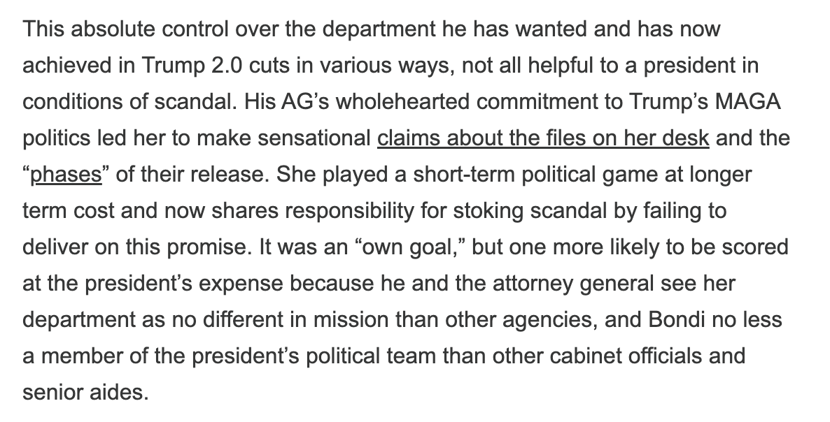 jawillick's tweet image. Good point from Bob Bauer on Trump DOJ and Epstein. Trump understandably saw DOJ "independence" as a threat from his first term. But that perception of independence, however fictional, can sometimes help a president politically.