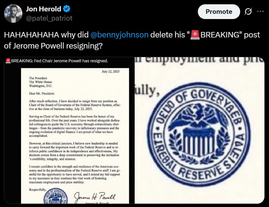 BorovaySteven's tweet image. Powell did not resign. YouTuber Benny Johnson posted this and then removed the post.