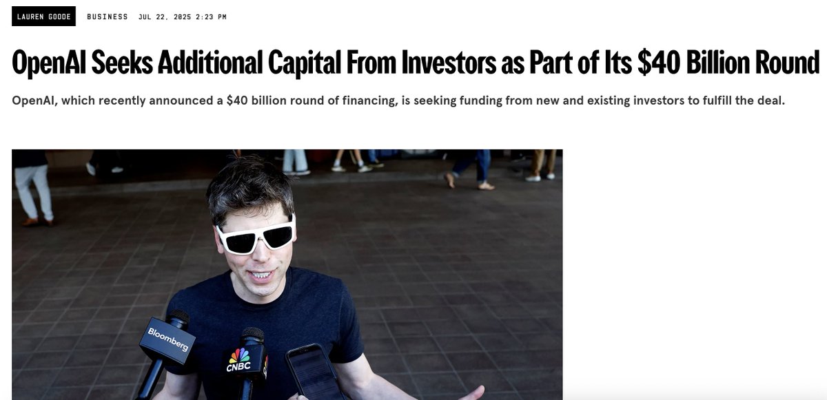 Kylie Robison (@kyliebytes) on Twitter photo scoop from <a href="/LaurenGoode/">Lauren Goode</a>: OpenAI is seeking capital from new and existing investors. The fundraising effort is part of a $40 billion round announced in March. The round will reopen on Monday, July 28. scoop from <a href="/LaurenGoode/">Lauren Goode</a>: OpenAI is seeking capital from new and existing investors. The fundraising effort is part of a $40 billion round announced in March. The round will reopen on Monday, July 28.