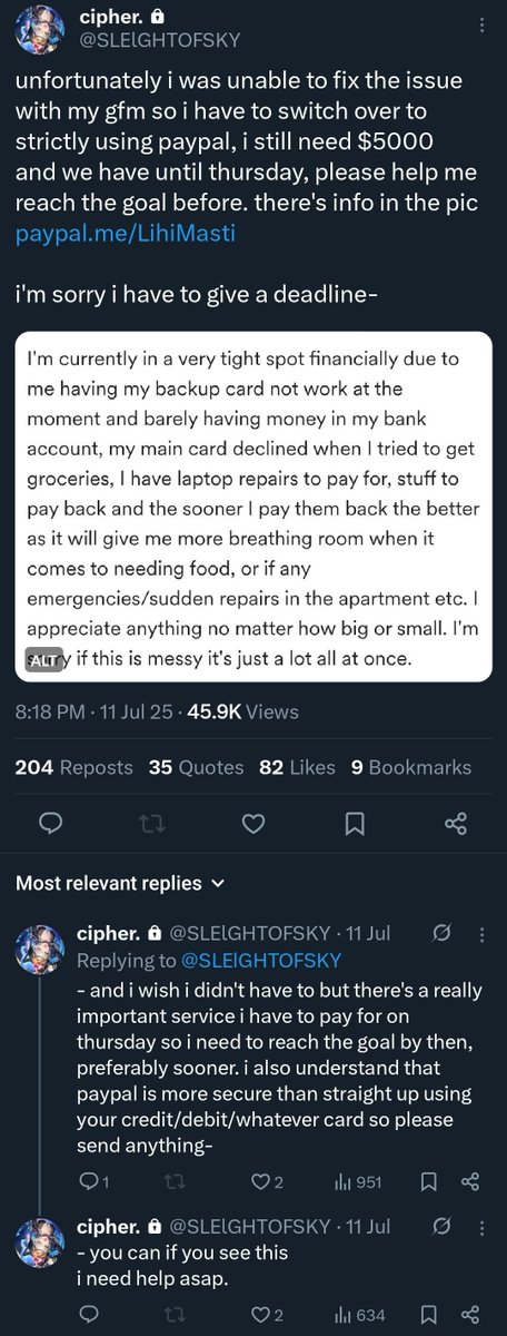 TheTaxiarch's tweet photo. /PSA: This is NOT call out thread, just providing information, asking for transparency and clarification. Please do not harass the mentioned individual.

@/SLElGHTOFSKY or as known as glen/vanitas/mika made a post asking for $5000 to help with their financial trouble. https://t.co/XQQg0p4KL8