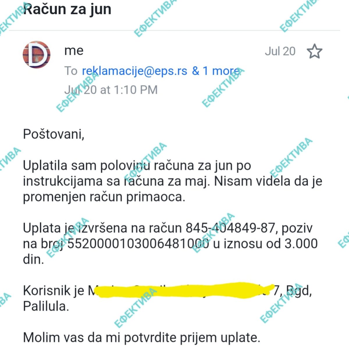 UBKEFEKTIVA's tweet image. ‼️PAŽNJA‼️
Nakon prebacivanja uplata računa za struju na Alta banku, bilo je pitanja potrošača, da li je moguće uplatiti junski račun na stari račun EPS-a!
Na slikama je potvrda da je to još uvek moguće!