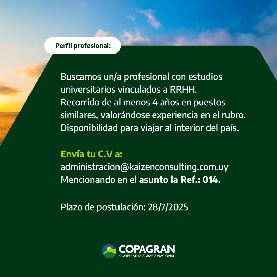 COPAGRAN (@copagranuy) on Twitter photo 📢 ¡Sumate a nuestro equipo!
Buscamos un perfil con mirada estratégica y experiencia en gestión de personas.
Una oportunidad para liderar procesos, acompañar equipos y generar impacto desde RRHH.
📩 Postulate enviando tu CV a administracion@kaizenconsulting.com.uy con la Ref.: 📢 ¡Sumate a nuestro equipo!
Buscamos un perfil con mirada estratégica y experiencia en gestión de personas.
Una oportunidad para liderar procesos, acompañar equipos y generar impacto desde RRHH.
📩 Postulate enviando tu CV a administracion@kaizenconsulting.com.uy con la Ref.: