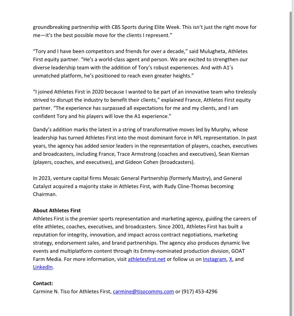 Ian Rapoport (@rapsheet) on Twitter photo Huge move in the agent world. High-powered agent Tory Dandy joins <a href="/AthletesFirst/">Athletes First</a>.
All the details 👇👇👇 Huge move in the agent world. High-powered agent Tory Dandy joins <a href="/AthletesFirst/">Athletes First</a>.
All the details 👇👇👇