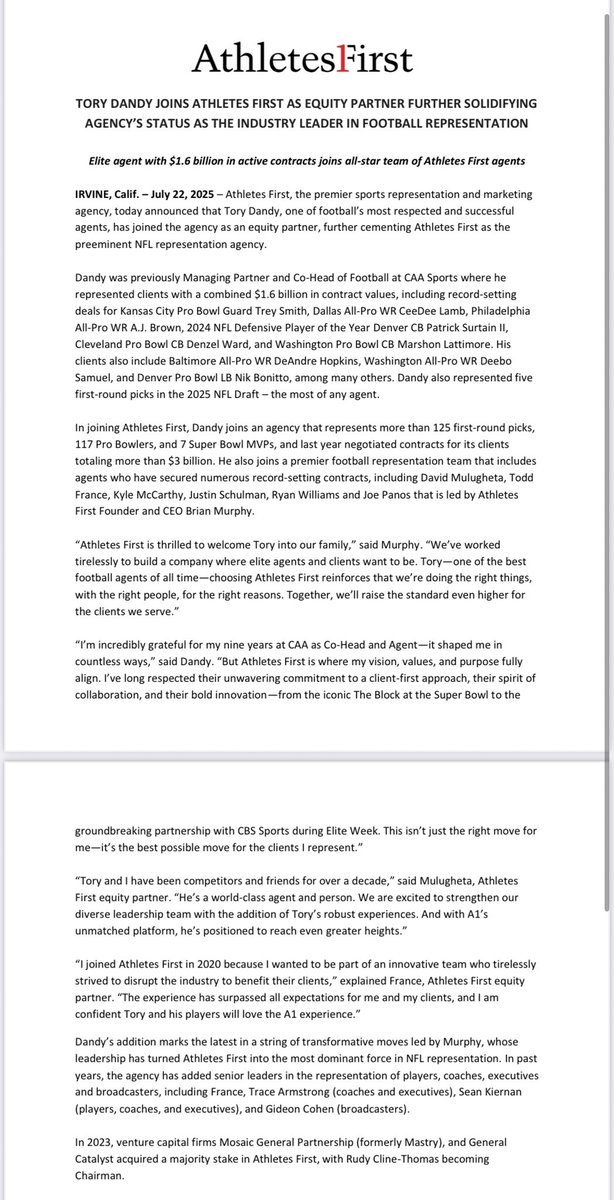 AlbertBreer's tweet image. Athletes First bringing top-end agent @ToryDandy aboard from CAA.