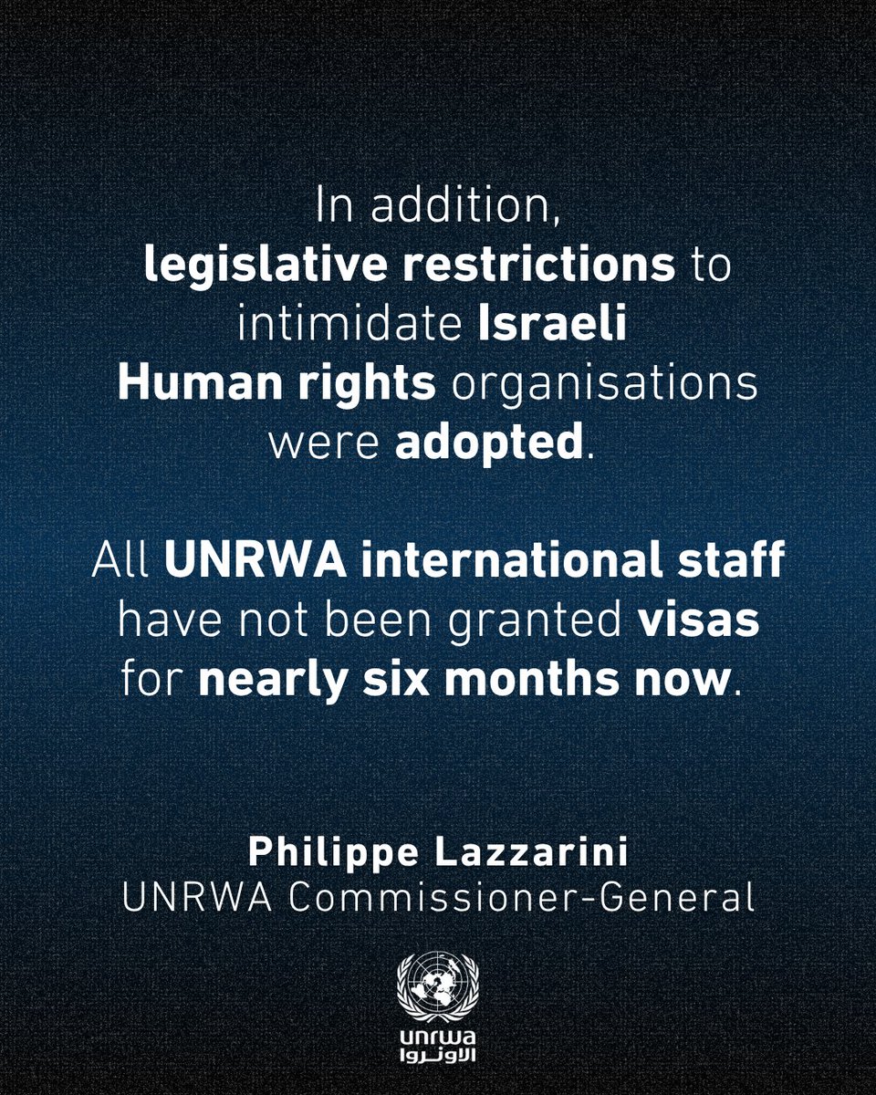 UNRWA's tweet photo. "Silencing voices.

As if banning international media is not enough. 

Humanitarian workers are also banned when they report on atrocities committed in #Gaza and elsewhere in the occupied Palestinian territory.

The denial of a visa to our colleague from @OCHAopt is the latest in a pattern of restrictions.

Since the beginning of the war, the Israeli authorities have increasingly denied or failed to renew visas for UN staff, including Humanitarian Coordinators, heads of UN agencies and staff of International NGOs. 

In addition, legislative restrictions to intimidate Israeli Human rights organisations were adopted. 

All UNRWA international staff have not been granted visas for nearly six months now. 

I, too, have been denied entry to Gaza since March 2024 after the @CIJ_ICJ ruling and to the West Bank including East Jerusalem since June 2024.

Visas must be granted to humanitarian staff to support the work of their Palestinian colleagues.

Coupled with the ongoing ban of international media to enter Gaza, these visa denials are deepening the spread of dis-information and increasing de-humanization of the people in Gaza."

— @UNLazzarini