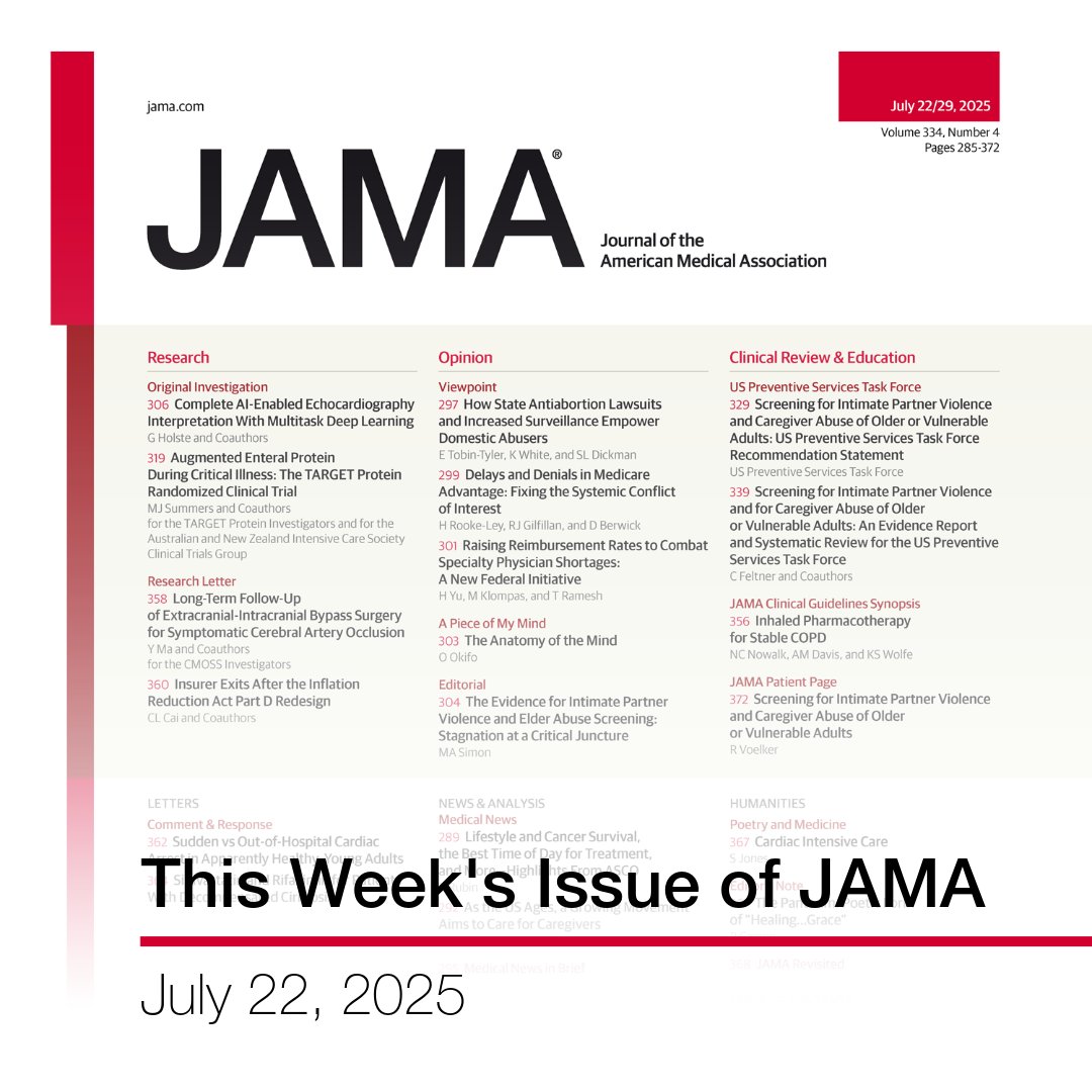 JAMA_current's tweet image. Editor’s choice from this week's issue of #JAMA:
➡️ Augmented Enteral Protein During Critical Illness
➡️ USPSTF on Screening for IPV and Elder Abuse
➡️ Inhaled Pharmacotherapy for Stable COPD; and more.
ja.ma/4eRp9GH